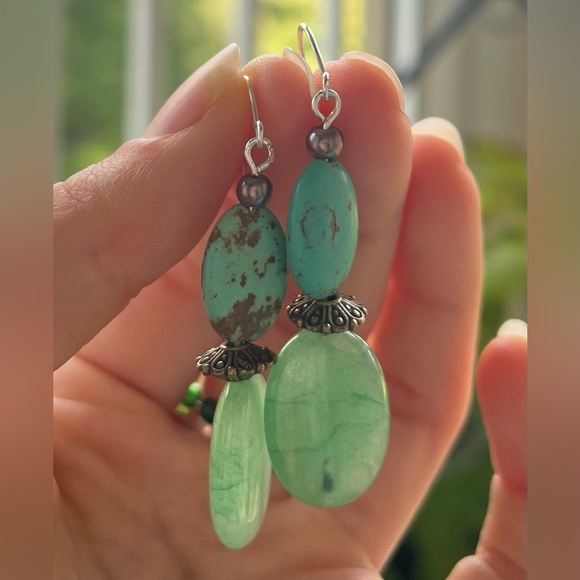 Hand-Crafted Light Green Stone Turquoise Stone Earrings with Brown Accent Beads - Picture 1 of 4